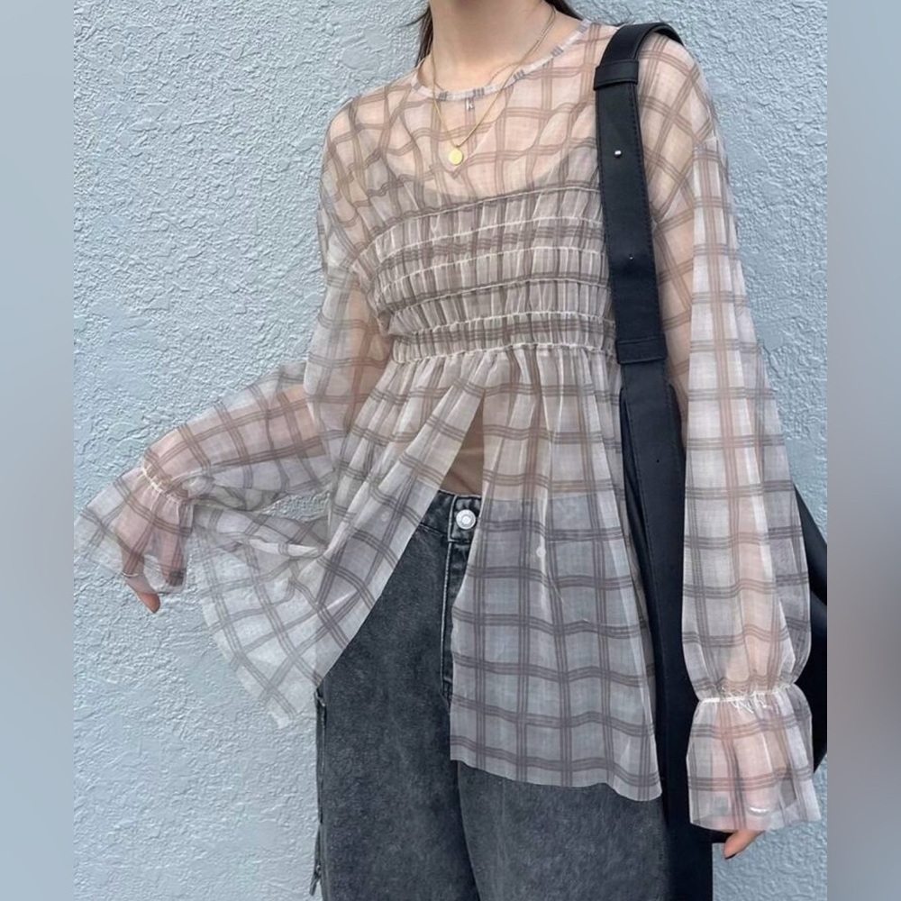 Sheer Plaid Long Sleeve Top
